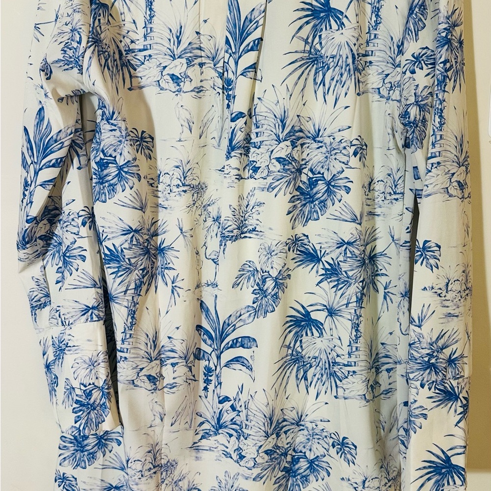 Blue and White Tropical Toile Print Dress
